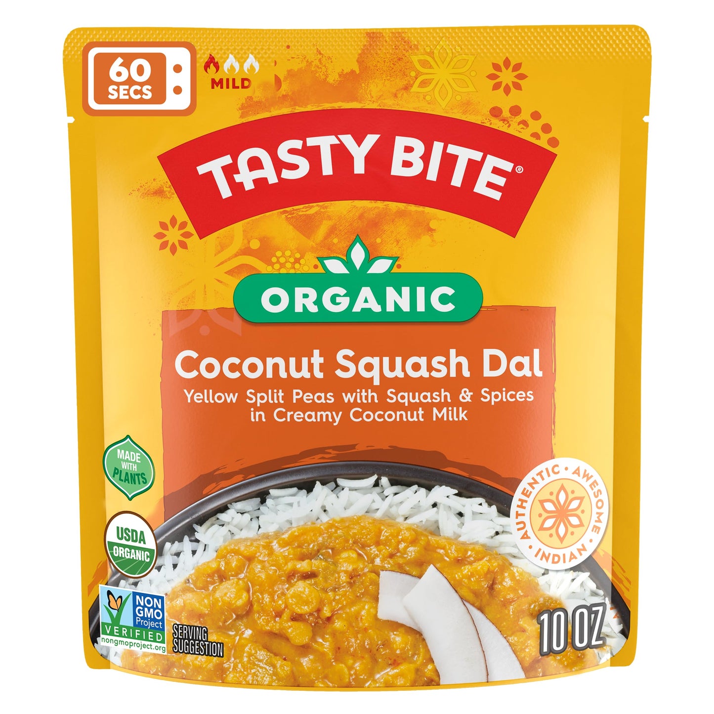 Tasty Bite Organic Coconut Squash Dal, 10 Ounce, Pack of 6, Ready to Eat, Microwavable Entree, Vegan