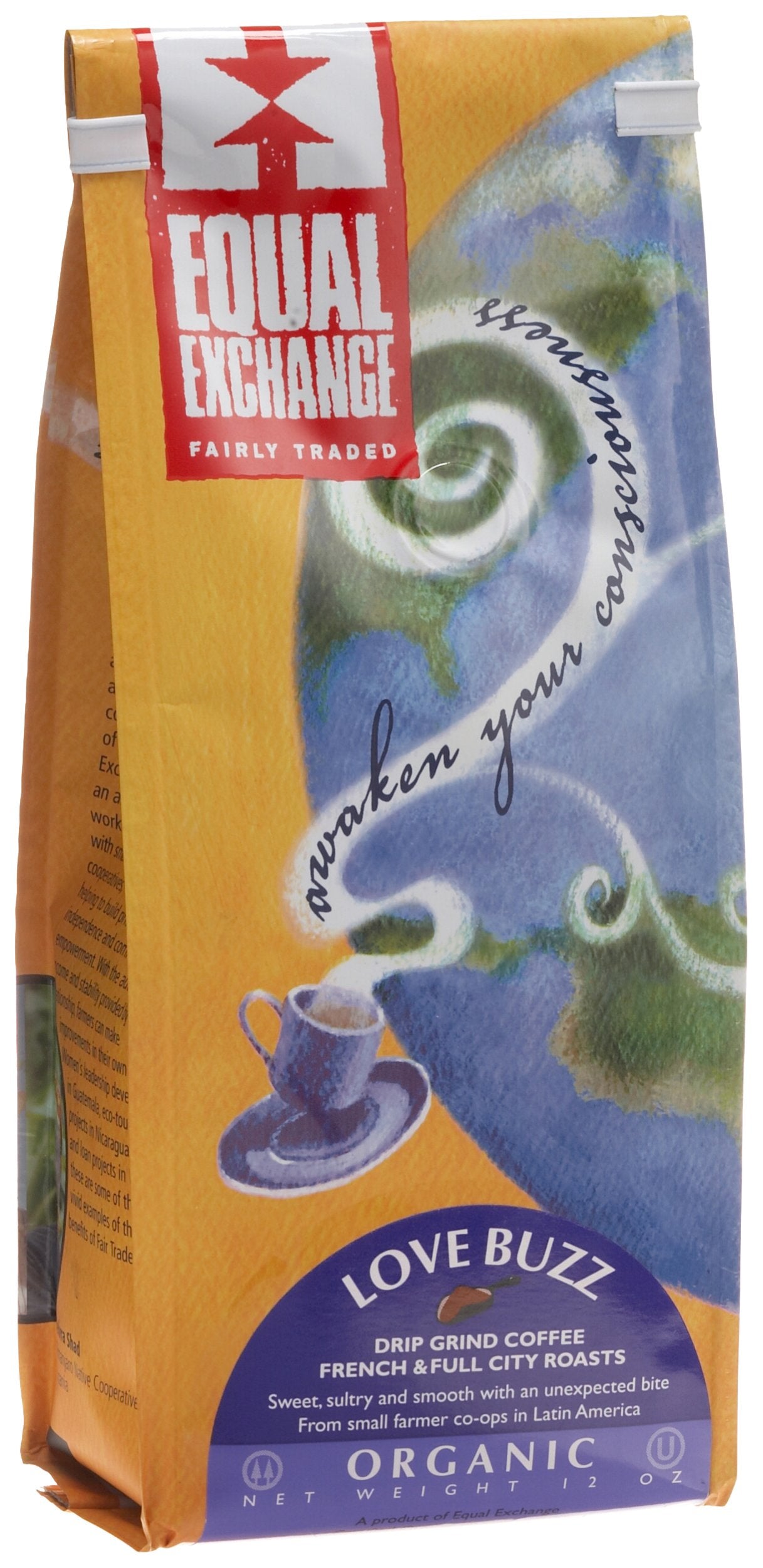 Equal Exchange Organic Fair Trade Love Buzz Drip Grind French & Full City Roasts, 12-Ounce Bags (Pack Of 6)