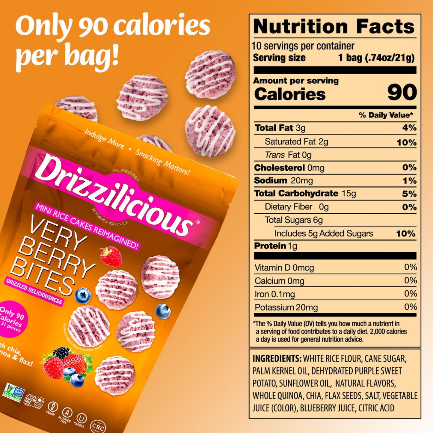 Drizzilicious Mini Rice Cakes Very Berry - Rice Crisps, Healthy Snack for Adults and Kids, Flavored Rice Cakes, Vegan, Gluten Fr
