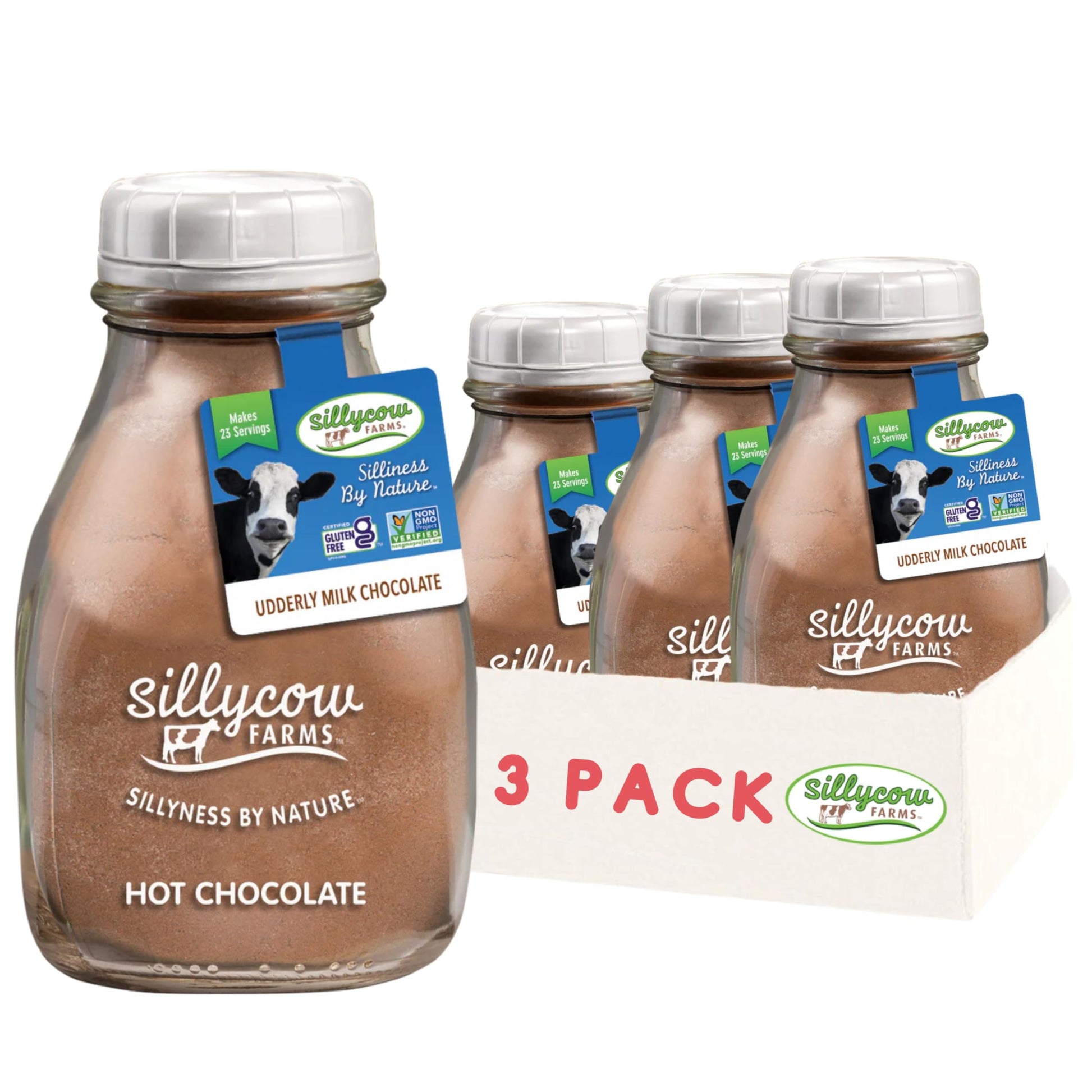 Sillycow Farms Hot Chocolate Mix Udderly Milk | Rich Hot Cocoa Delight | Gluten-Free, Non-GMO, Dairy-Free | Pure Cocoa and Vanilla Flavor | 16.9 Oz Reusable Glass Bottle - Pack of 3