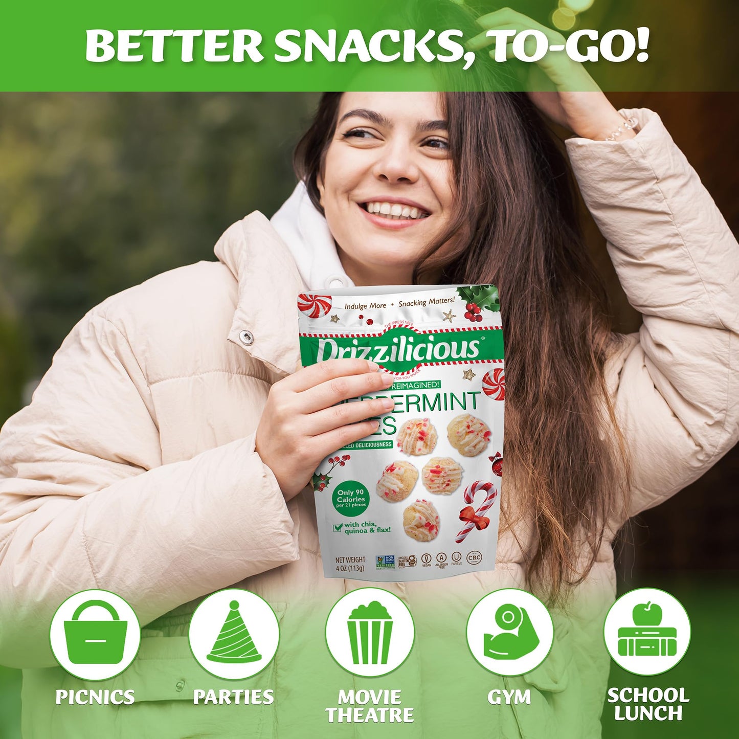 Drizzilicious Mini Rice Cakes - Rice Crisps, Healthy Snack For Mature-Themeds And Kids, Flavored Rice Cakes, Vegan, Gluten Free, Only 90 Calories Per Serving - Peppermint, 4 Oz (Pack Of 2)