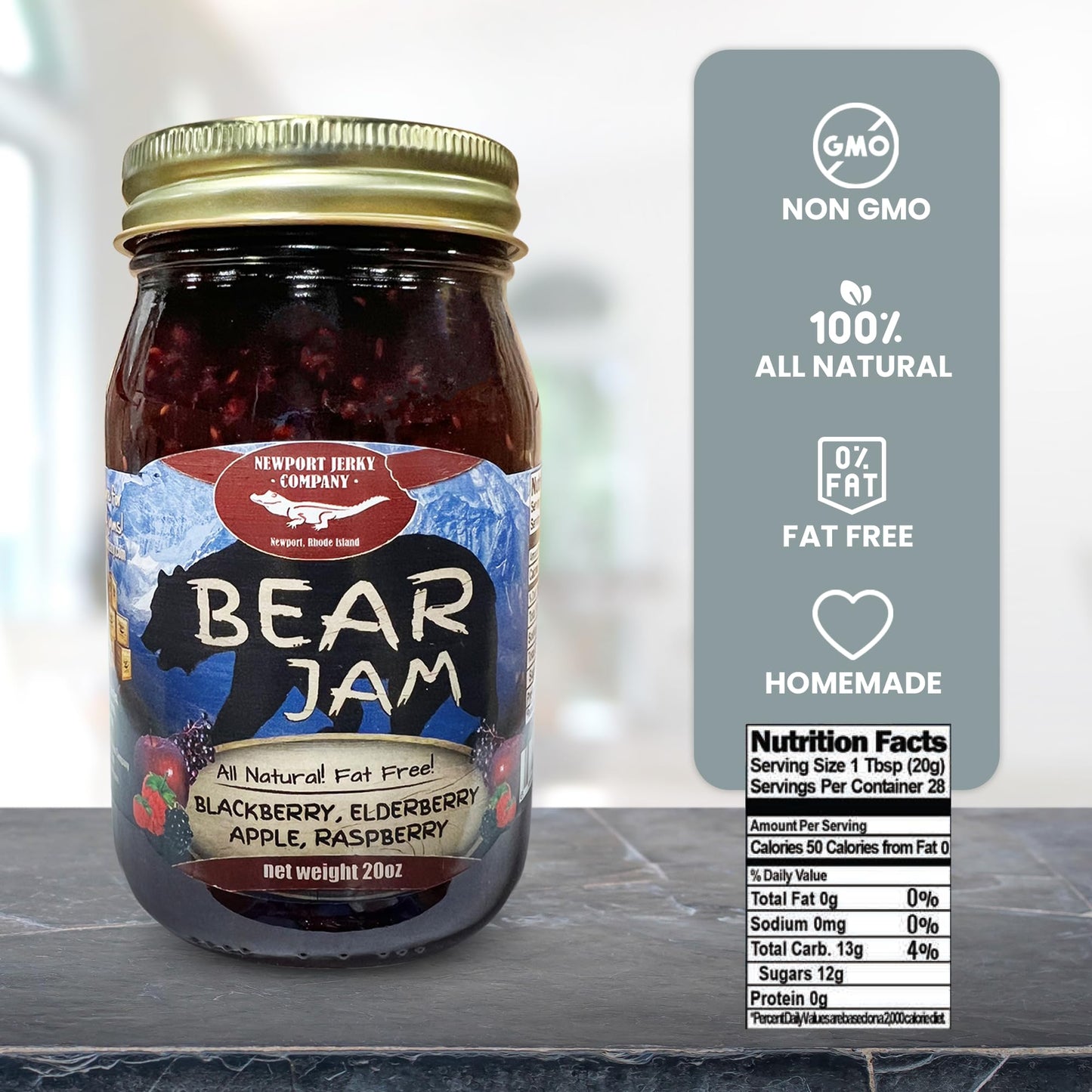 Newport Jerky Company Bear Jam - 16 Oz All-Natural Fruit Spread With Blackberries, Elderberries, Apples & Raspberries - Handmade