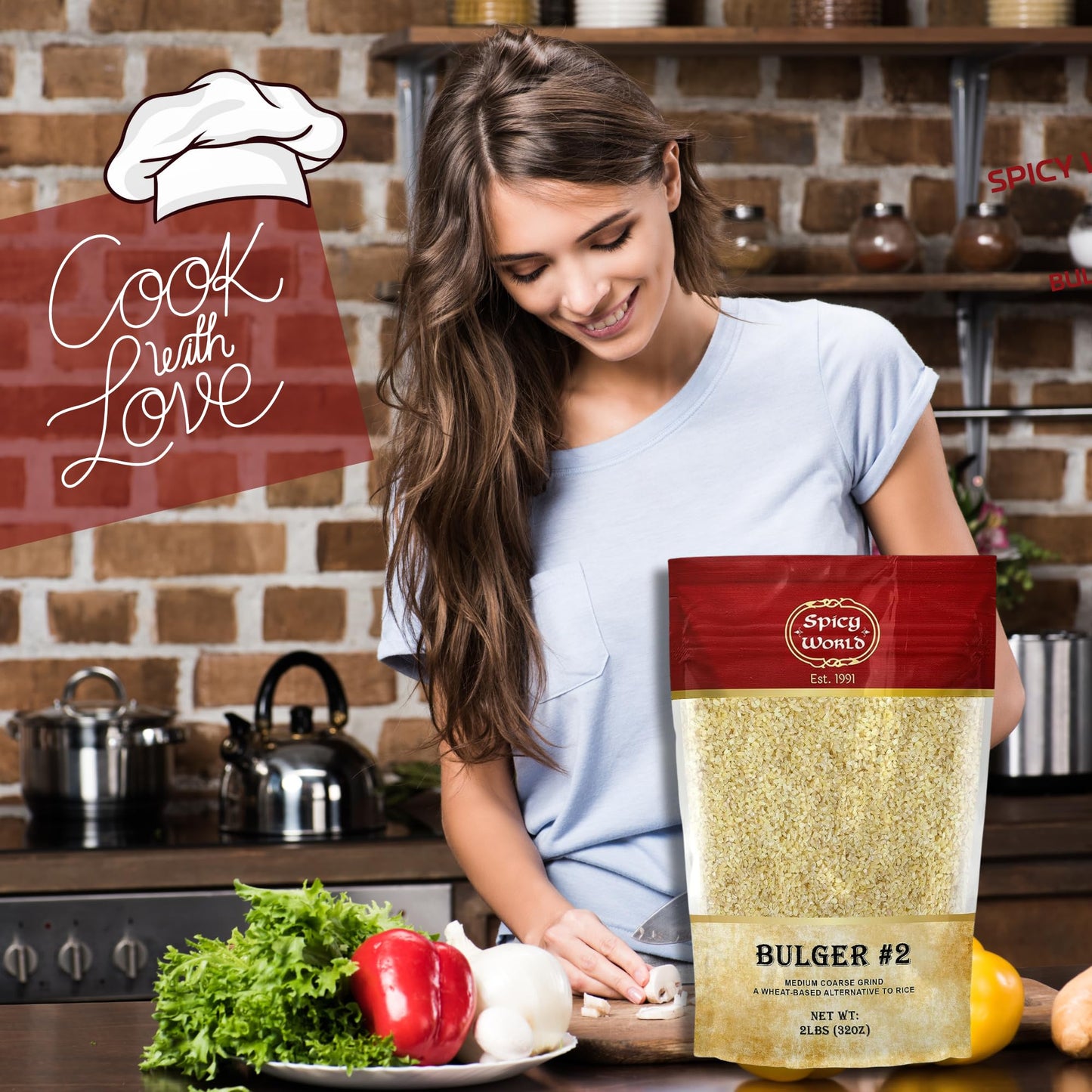 Spicy World Bulgur Cracked Wheat Medium Coarse #2, 2 Lb Bag (32Oz) | Excellent Usa Grown Bulgar Wheat For Tabouleh | 100% Natural & Pure | Great For Vegan Recipes