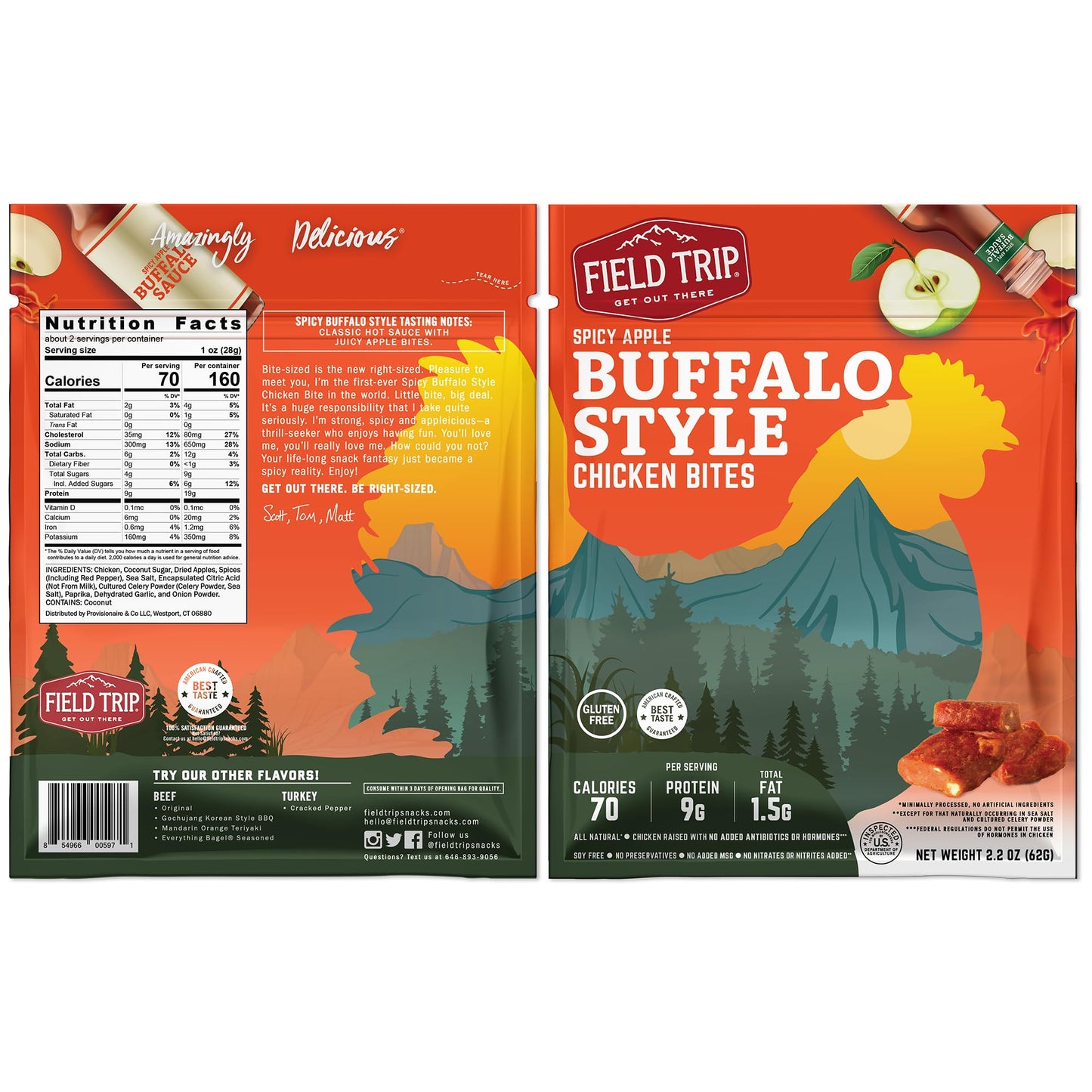 Field Trip Chicken Jerky Bites, All Natural, Gluten Free, Keto & Paleo Snack, 2.2oz (Pack of 4), Spicy Buffalo Style