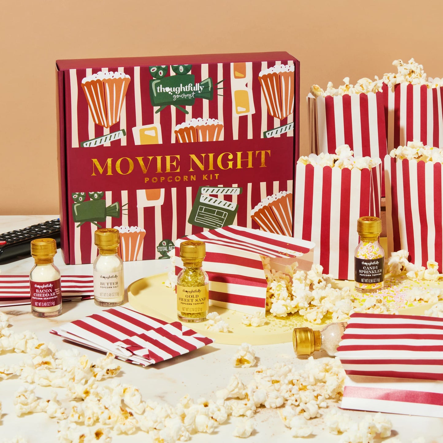 Thoughtfully Gourmet  Movie Night Popcorn Set  Includes Yellow and Mixed Popcorn Kernels  10 Paper Bags  5 Seasonings & Toppings