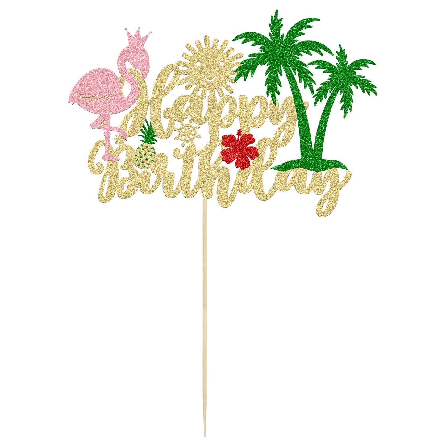 Gyufise 1Pcs Glitter Flamingo Happy Birthday Cake Topper Flamingo Cake Decoration For Hawaiian Luau Tropical Pineapple Theme Kid