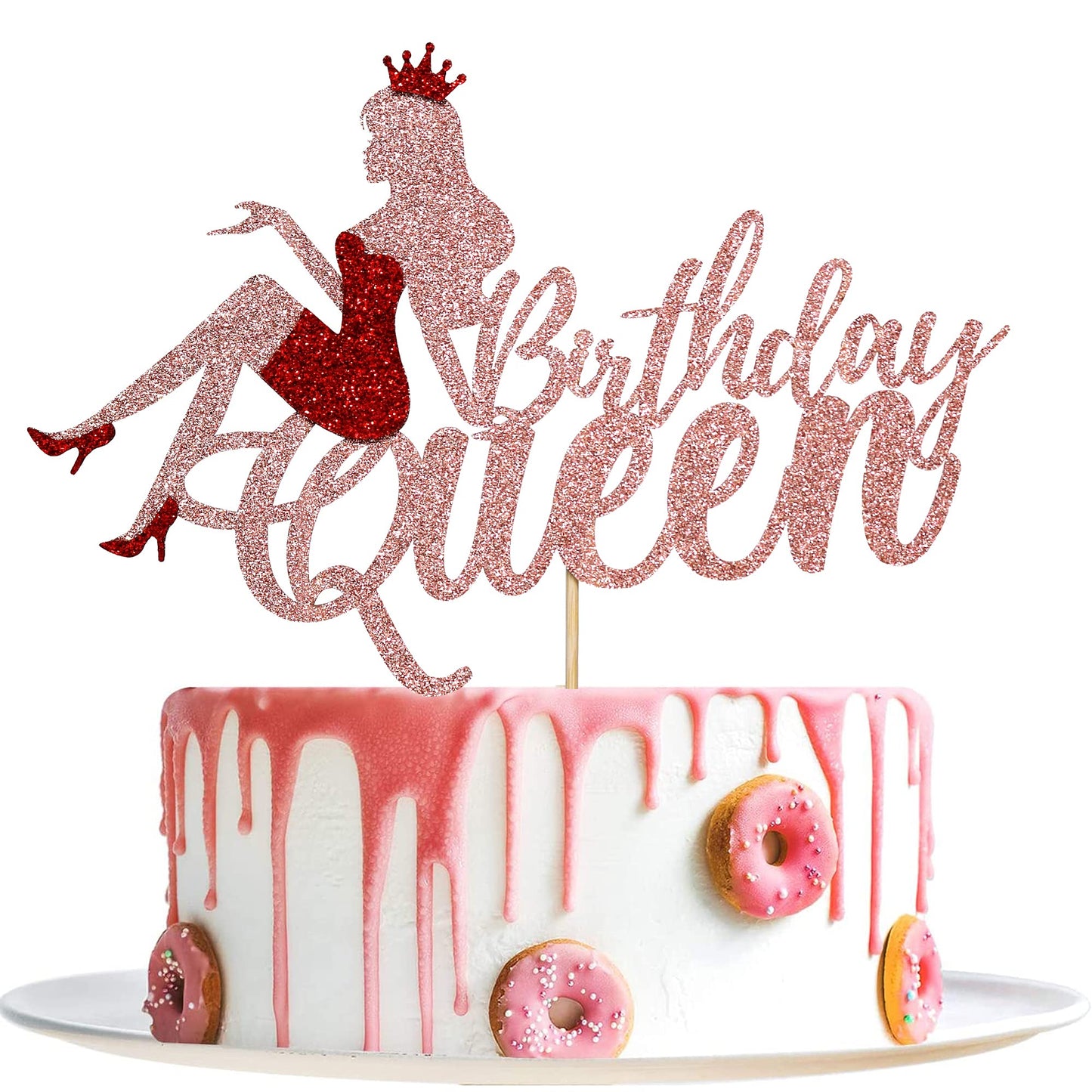 Migeaks Birthday Queen Cake Topper Crown High Heels Rose Gold Glitter Decoration Model 01