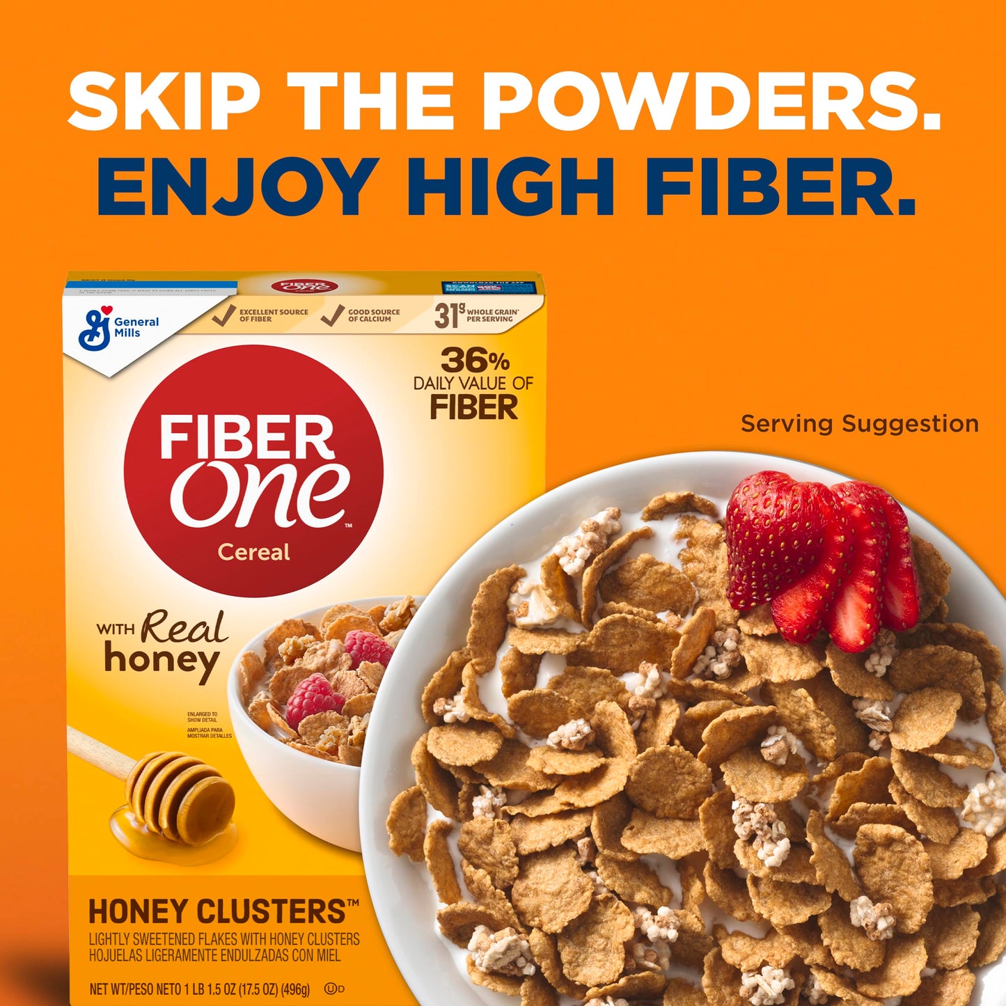 Fiber One Honey Clusters Breakfast Cereal, Fiber Cereal Made with Whole Grain, 17.5 oz