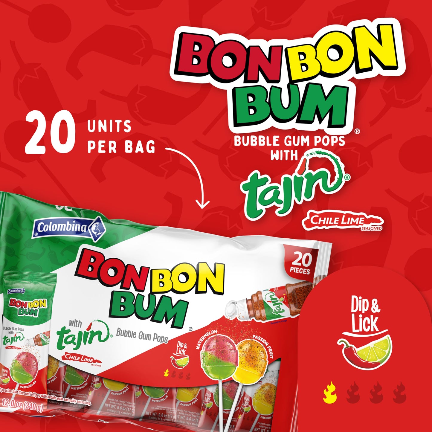 Colombina Bon Bon Bum Tropical Passion Fruit & Watermelon with Tajin Seasoning Chile Lime Dip  20 Count (Pack of 1)
