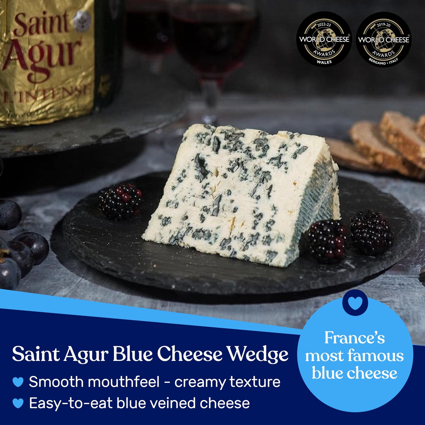 Ile de France Saint Agur Blue Cheese Wheel - Creamy & Mild - 5 lbs - Perfect for Charcuterie Boards