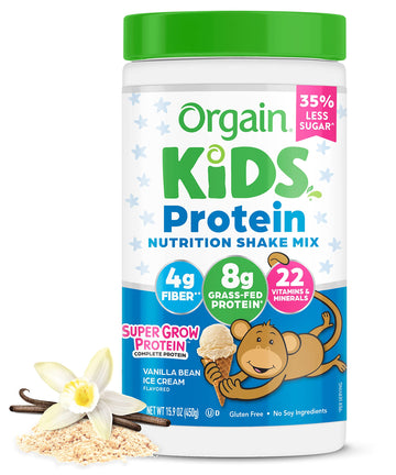 Orgain Kids Protein Powder Shake Mix, Vanilla Bean Ice Cream - 8G Grass-Fed Dairy Protein, 4G Fiber, 22 Vitamins & Minerals, Glu