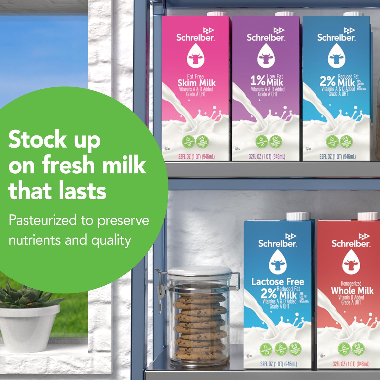 Schreiber Milk 1%, Shelf Stable Milk, Low Fat With Vitamin A & D, 32 Oz (6 Pack)