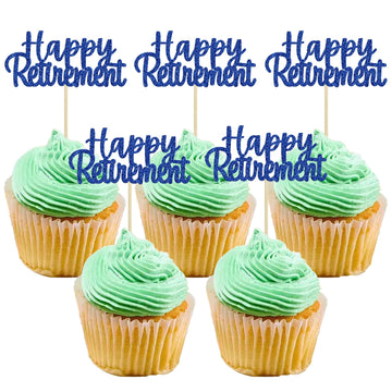Gyufise 36 Pack Happy Retirement Cupcake Toppers Blue Glitter Retired Cupcake Picks Decorations For Retirement Theme Birthday Pa
