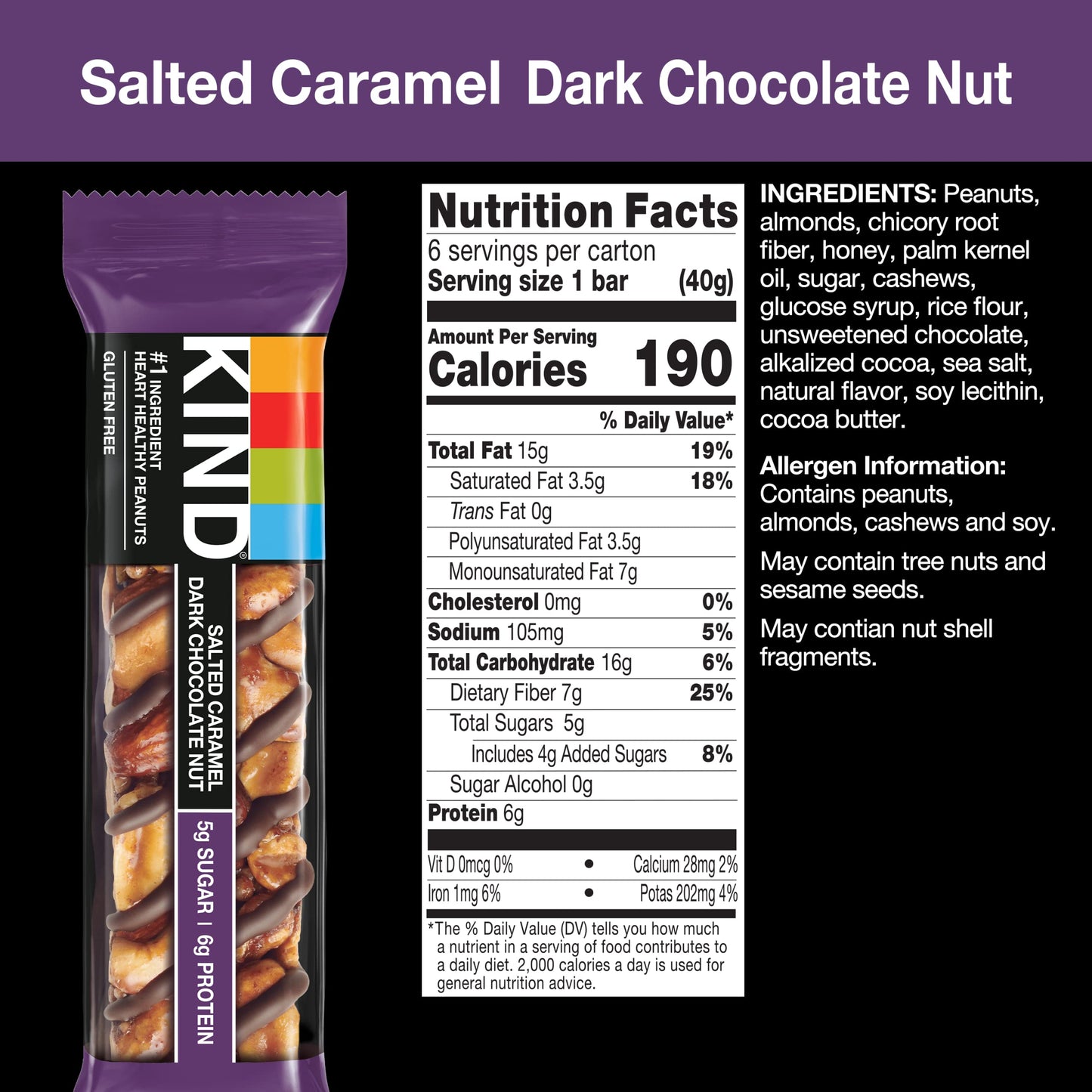 Kind Bars, Salted Caramel & Dark Chocolate Nut, Healthy Snacks, Gluten Free, Low Sugar, 6 Count