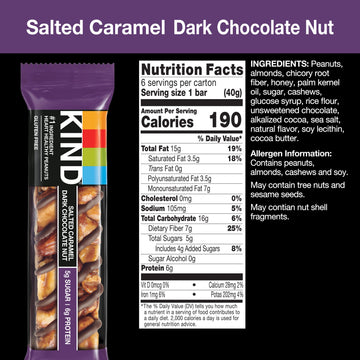 Kind Bars, Salted Caramel & Dark Chocolate Nut, Healthy Snacks, Gluten Free, Low Sugar, 6 Count