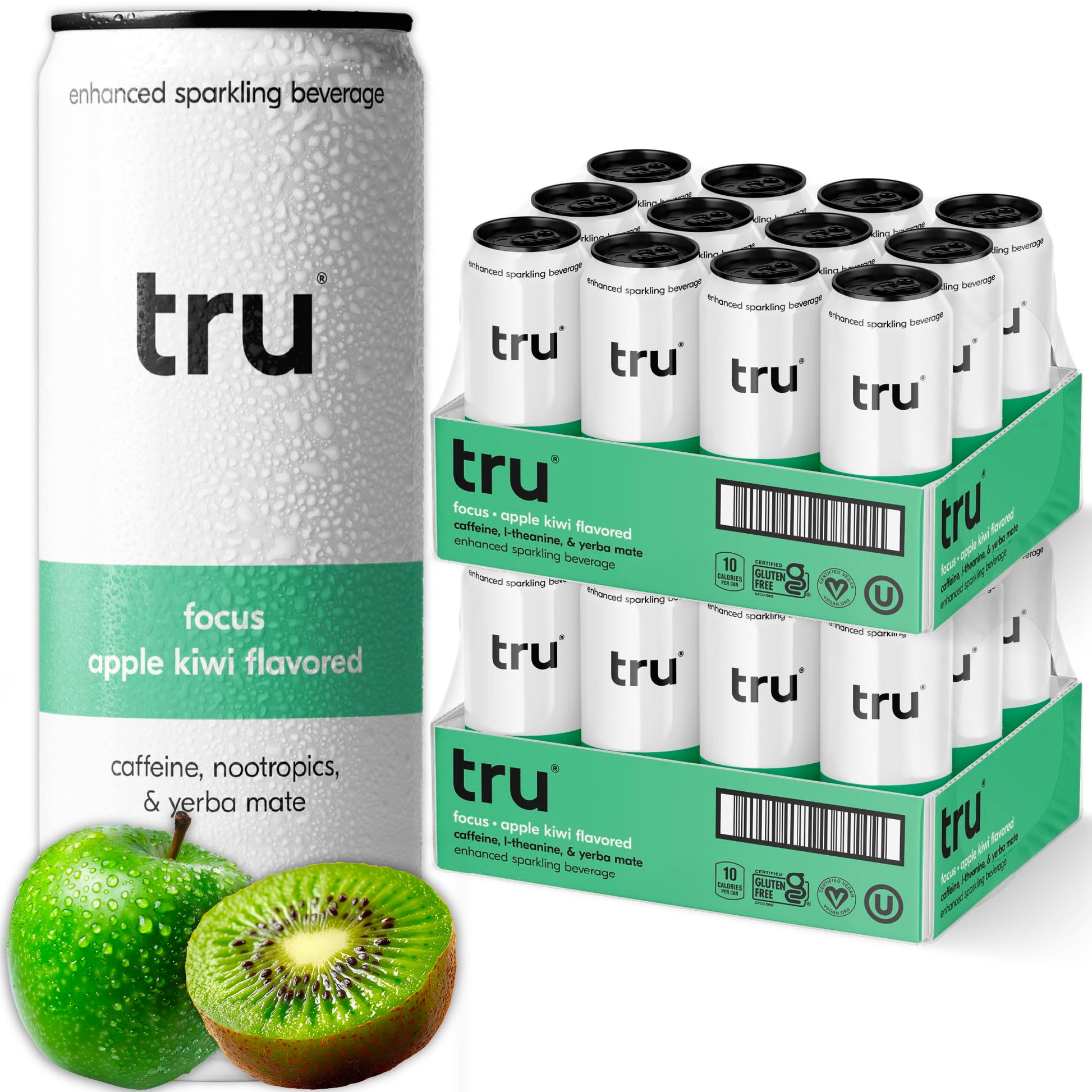 Tru Focus Seltzer  Apple Kiwi Flavored Sparkling Water Made With Real Fruit Juice - Nootropic Drink Plus Yerba Mate Extract - Natural Energy Blend  Kosher  Gf  No Added Sugar Beverages  12Oz (Pack Of 24)