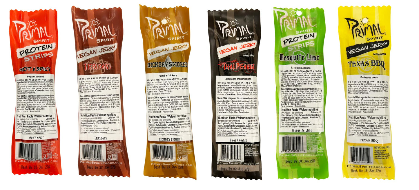 Primal Spirit Vegan Jerky Sampler Pack, Plant Based Protein, 10g, 12-Pack, 1 Ounce each, Non-GMO