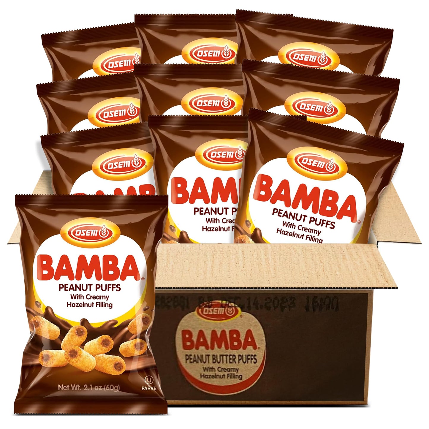 Osem Bamba Peanut Butter Puffs with Creamy Hazelnut Filling - Kosher Crunchy PB Snack with Chocolate Center, Oven Baked Treat wi