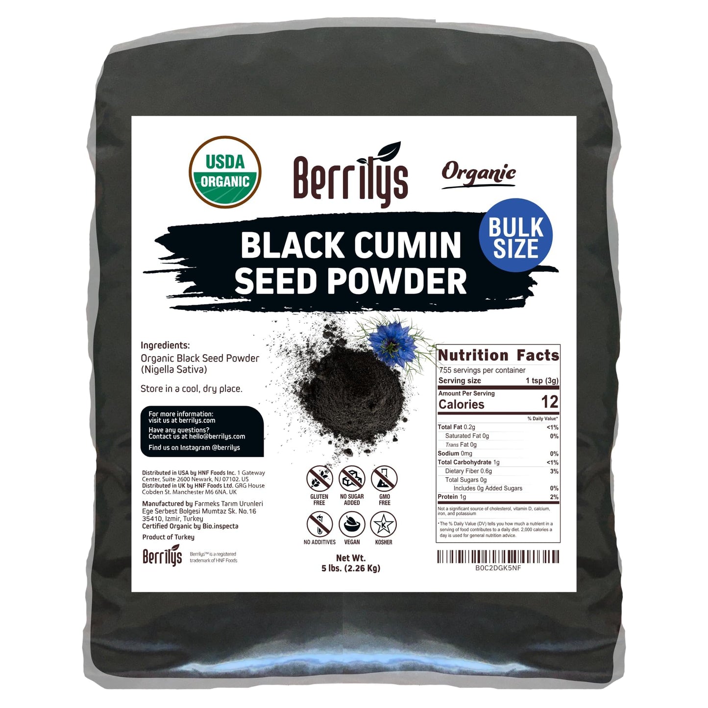 Berrilys Organic Black Cumin Seeds Powder, Ground, 5 LB, Great for Baking, Versatile Ingredient