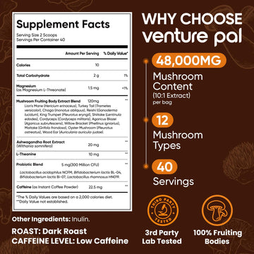 Venture Pal Mushroom Collagen Coffee - Instant Coffee with Biotin, Folate & Vitamin C - 30 Servings