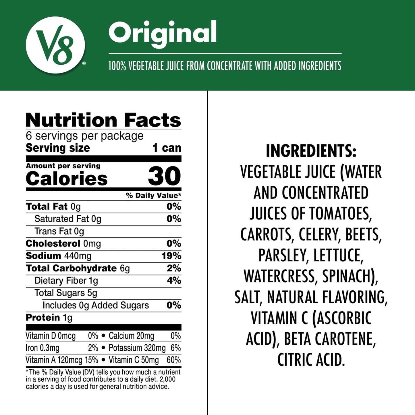 V8 Original 100% Vegetable Juice, 5.5 Fl Oz Can (6 Pack)