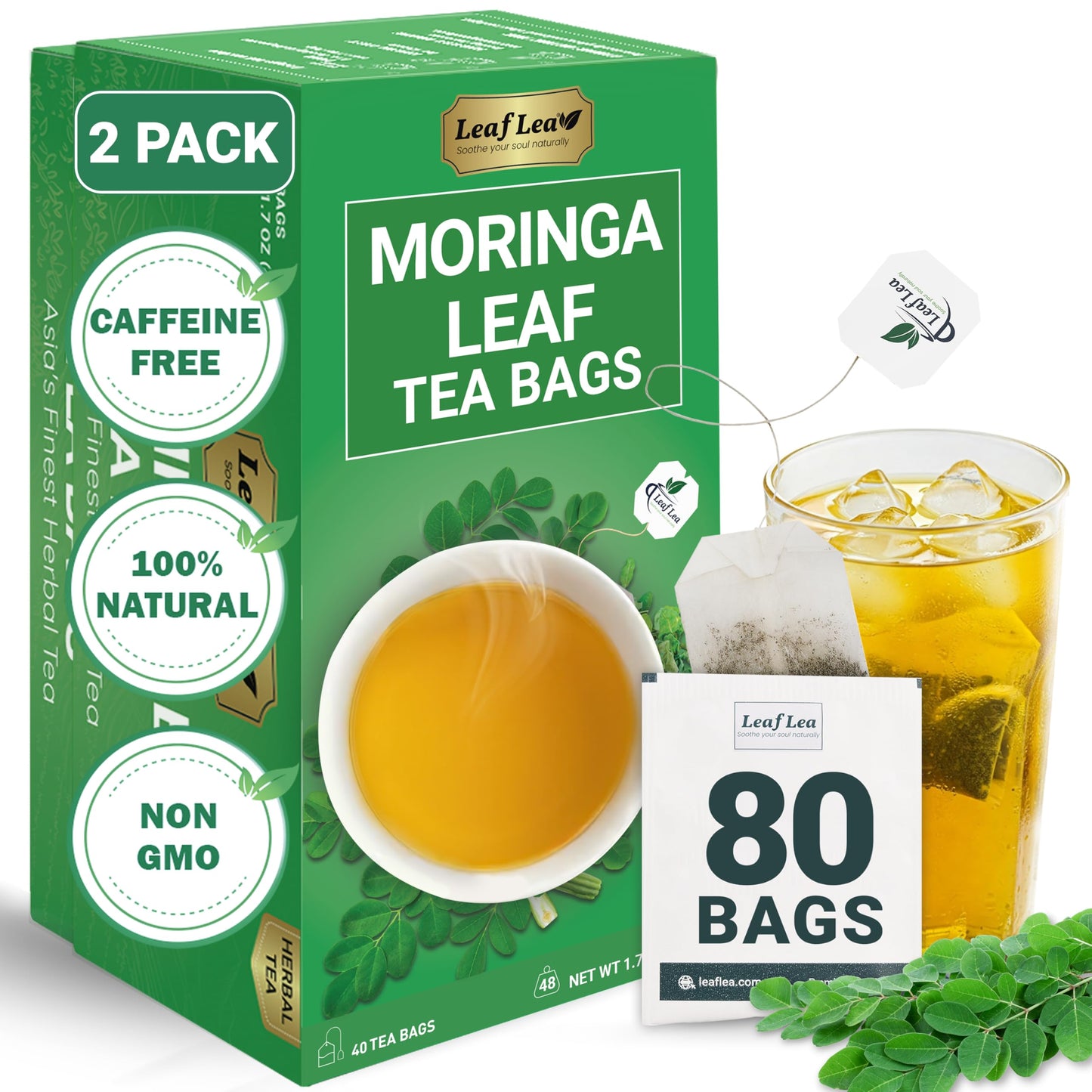 LeafLea Moringa Tea Bags - Premium Herbal Tea, Caffeine-Free, Non-GMO, Sugar-Free, 80 Bags (Pack of 2)