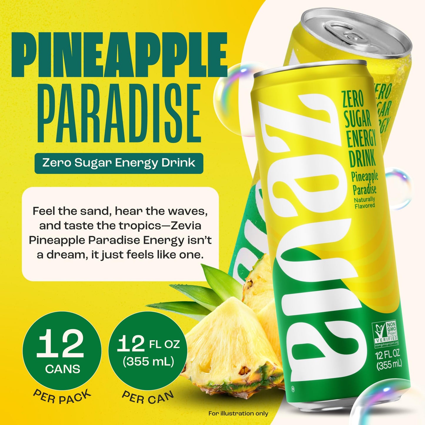 Zevia Zero Calorie Energy Drink, Pineapple Paradise, 12 Fl Oz, Pack of 12, Clear