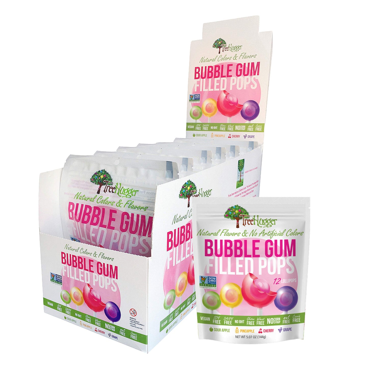 Tree Hugger Bubble Gum Filled Pops In Stand Up Resealable Bags, 6 Bags (12 Pops Per Bag).