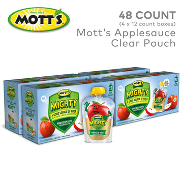 Mott'S Mighty Honeycrisp Apple Applesauce, 3.2 Oz Clear Pouches, 48 Count (4 Packs Of 12), No Sugar Added, Good Source Of Fiber,