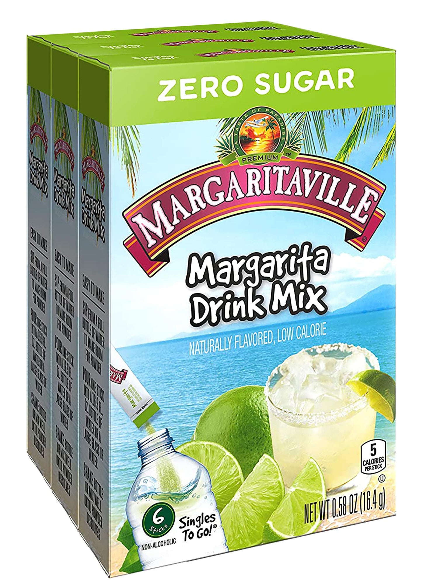 Margaritaville Singles To Go Water Drink Mix - Margarita Flavor, Non-Alcoholic, 18 Total Servings (3 Boxes, 6 Packets Each)