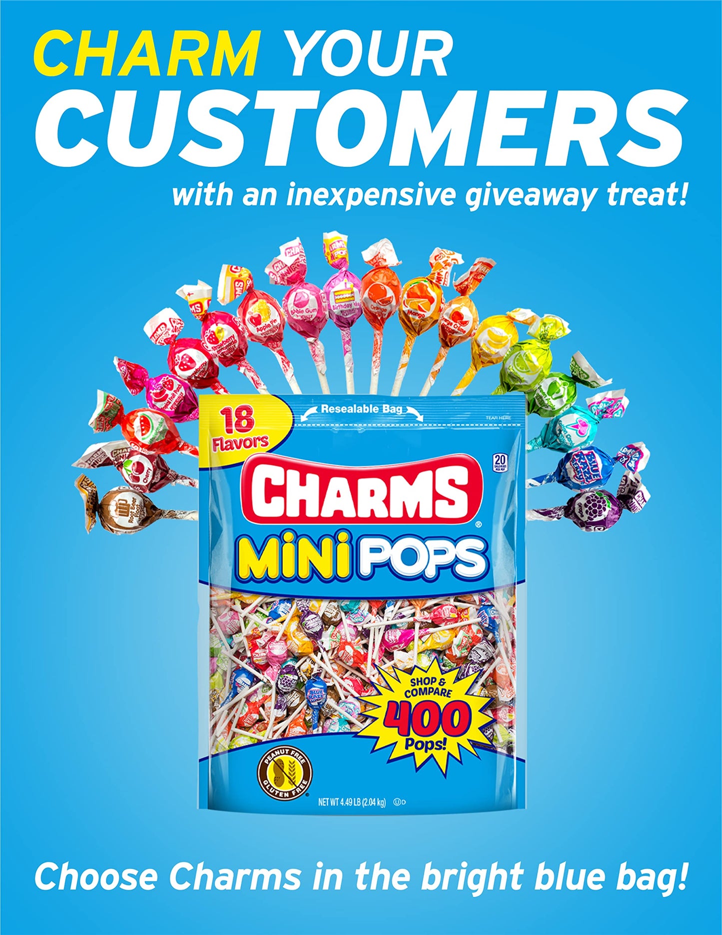 Tootsie Roll Charms Mini Pops - 4.5 lb Fruity Hard Candy Lollipops, 400 Count, Assorted Flavors, Gluten-Free