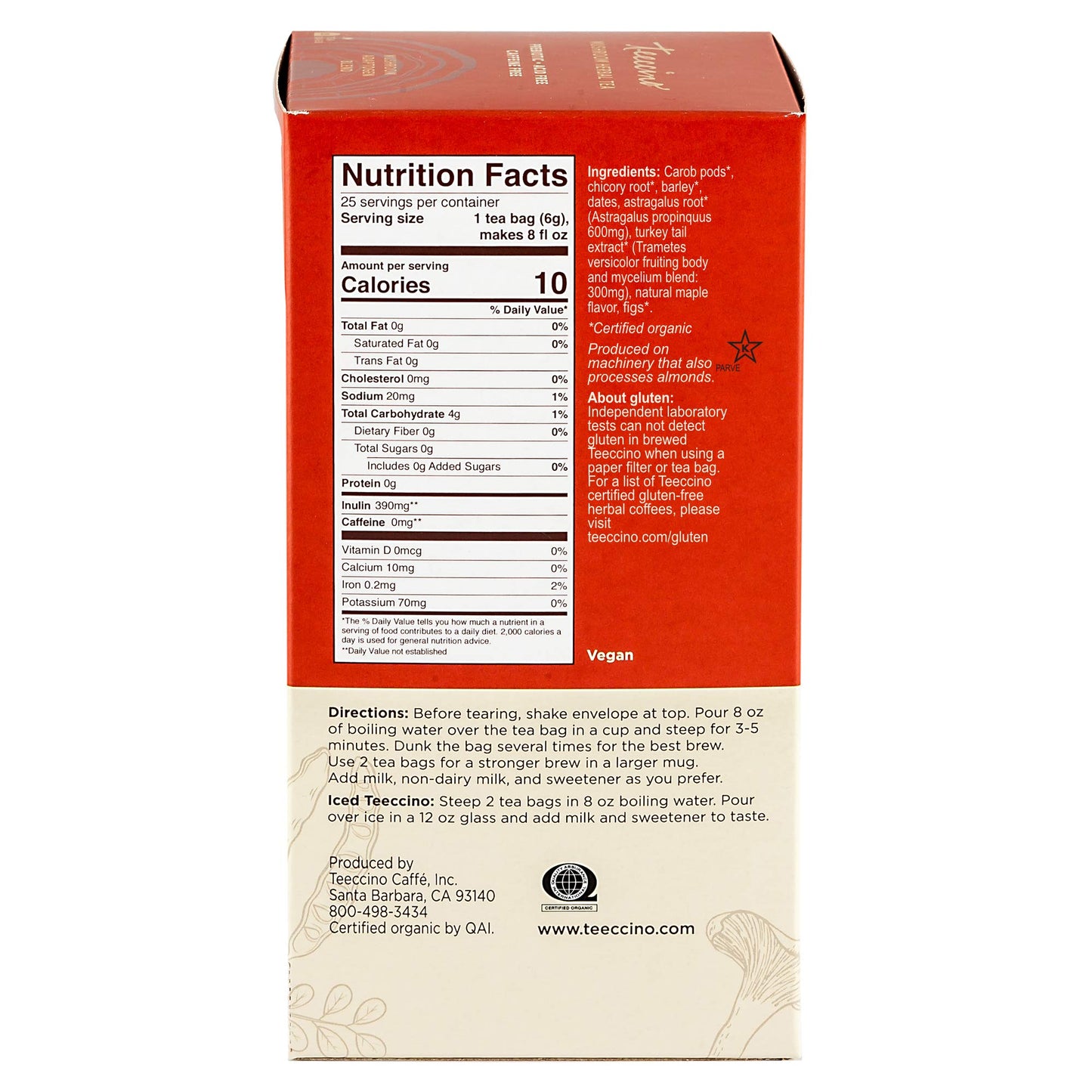 Teeccino Mushroom Herbal Tea - Turkey Tail & Astragalus - Caffeine Free, Prebiotic - 25 Tea Bags