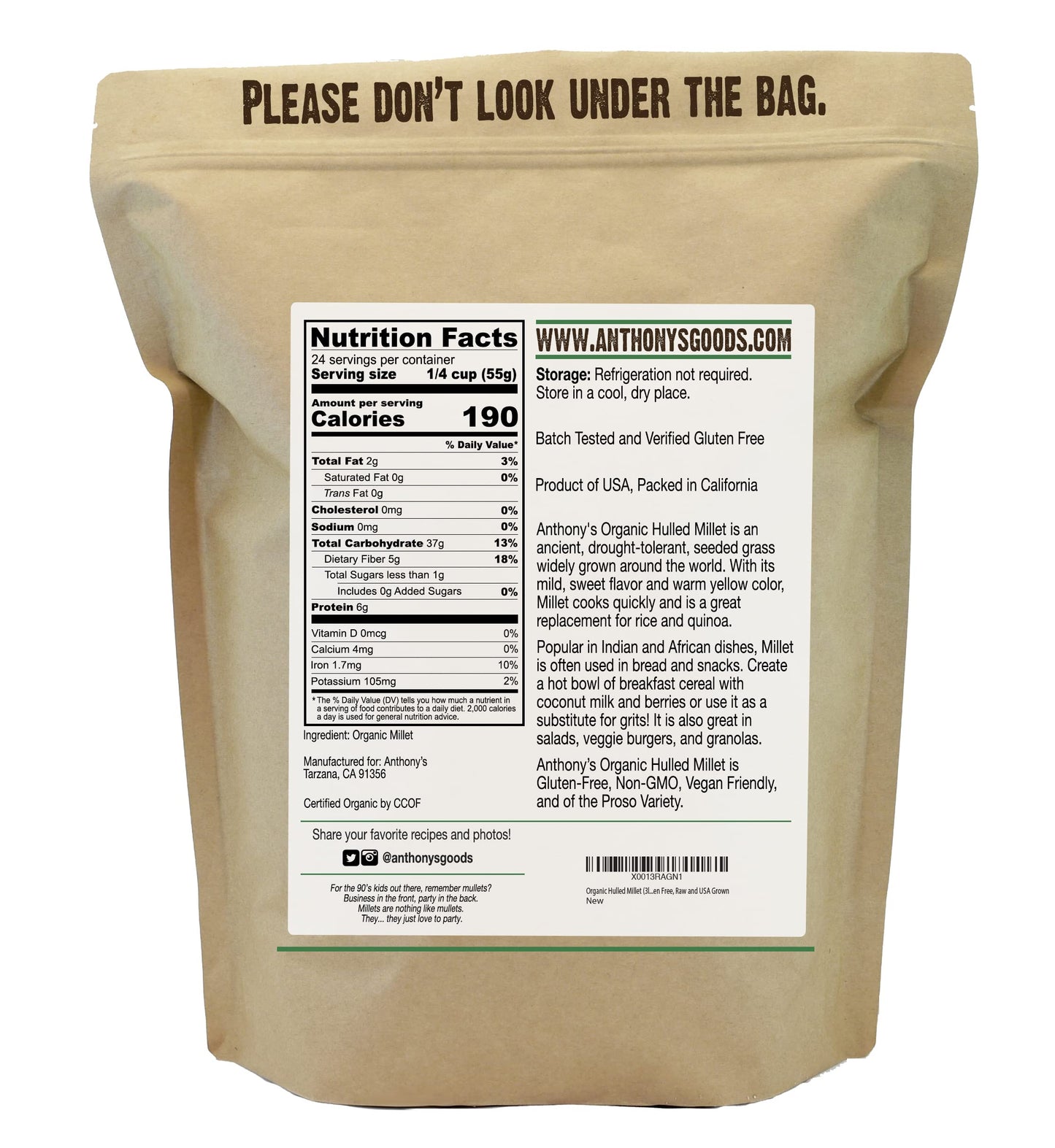 Anthony'S Organic Hulled Millet, 3 Lb, Gluten Free, Raw & Grown In Usa