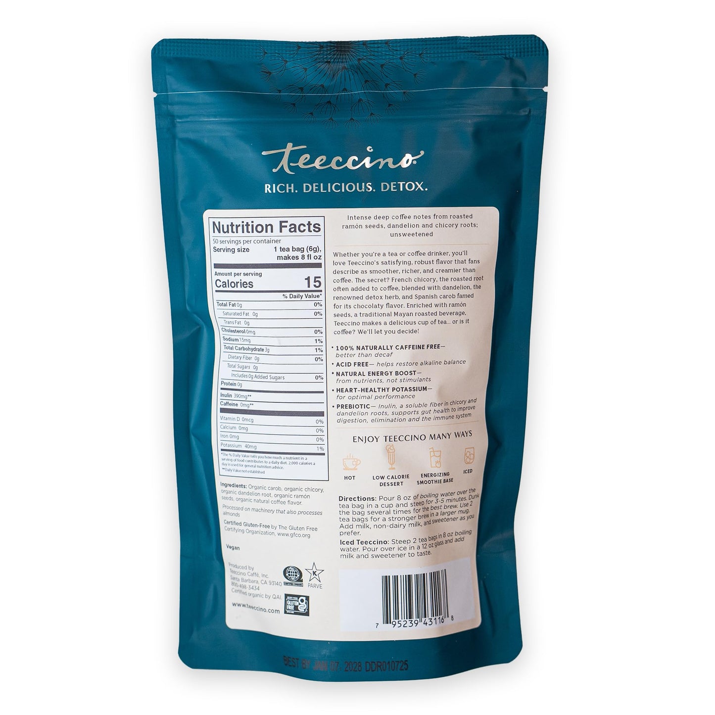 Teeccino Dandelion Herbal Tea - Dark Roast, Caffeine Free, Prebiotic, Gluten Free, 50 Tagless Eco-Friendly Tea Bags
