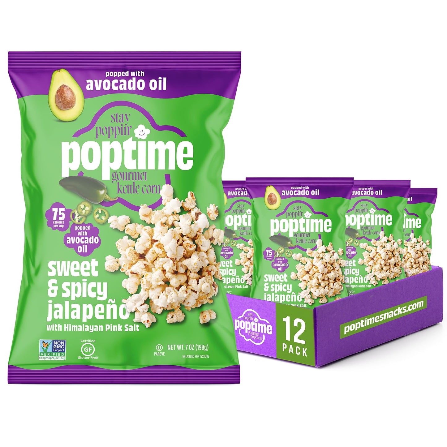 Poptime Popcorn Snack Bags - Sweet & Spicy Jalapeno & Himalayan Pink Salt Kettle Corn Popcorn Bags, Healthy Snack With Avocado O