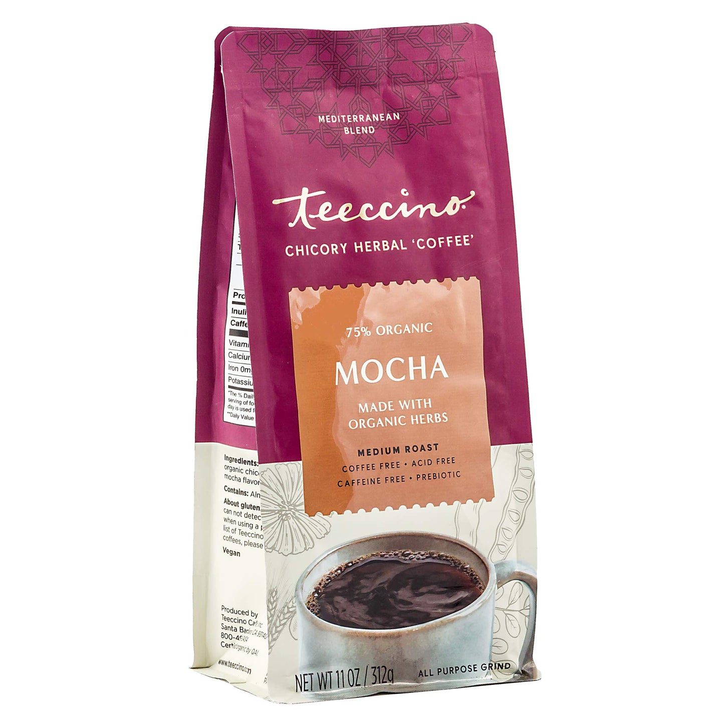 Teeccino Mocha Chicory Coffee Alternative, Medium Roast, Caffeine-Free, 11 Ounce