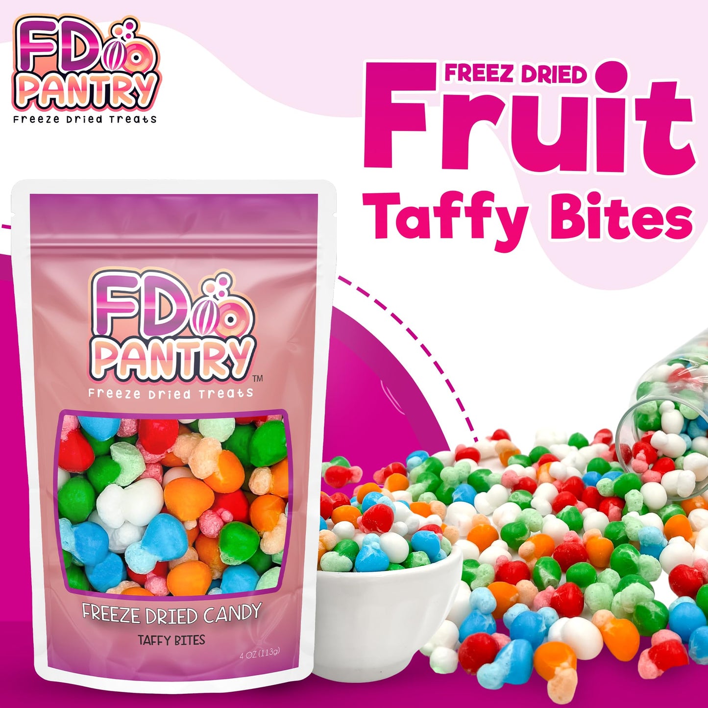 Freeze Dried Air Taffy Bites Crunchy Candy - Variety Sour Fruit Flavors, 4Oz | Cherry, Orange, Watermelon, Blue Raspberry, Strawberry | Snack Treat, Gift