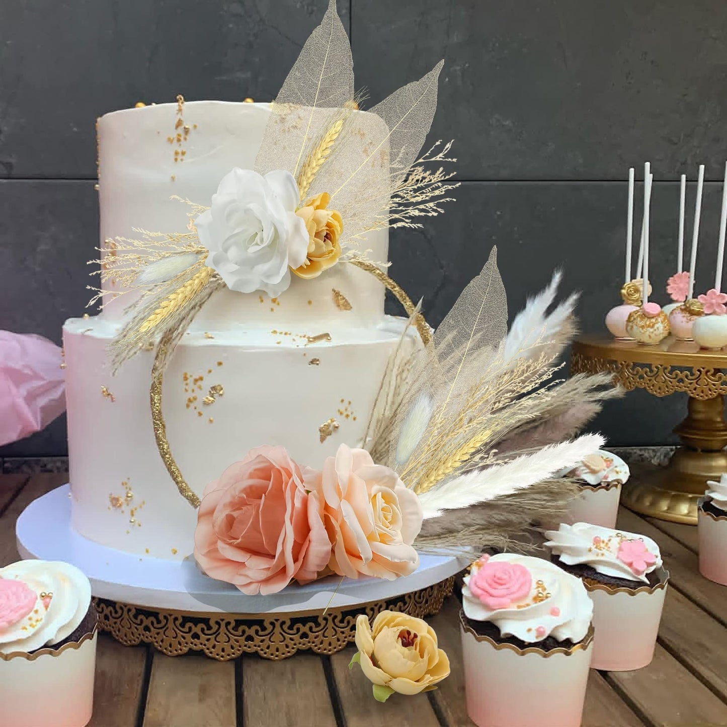 HAVAGDTM 22 PCS Boho Cake Topper Set - Vintage Artificial Rose Flowers & Dried Pampas Grass - Pink White Apricot for Weddings & Parties