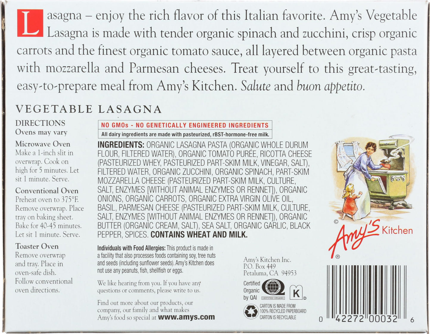 Amys Lasagna Vegetable Organic, 9.5 oz (frozen)