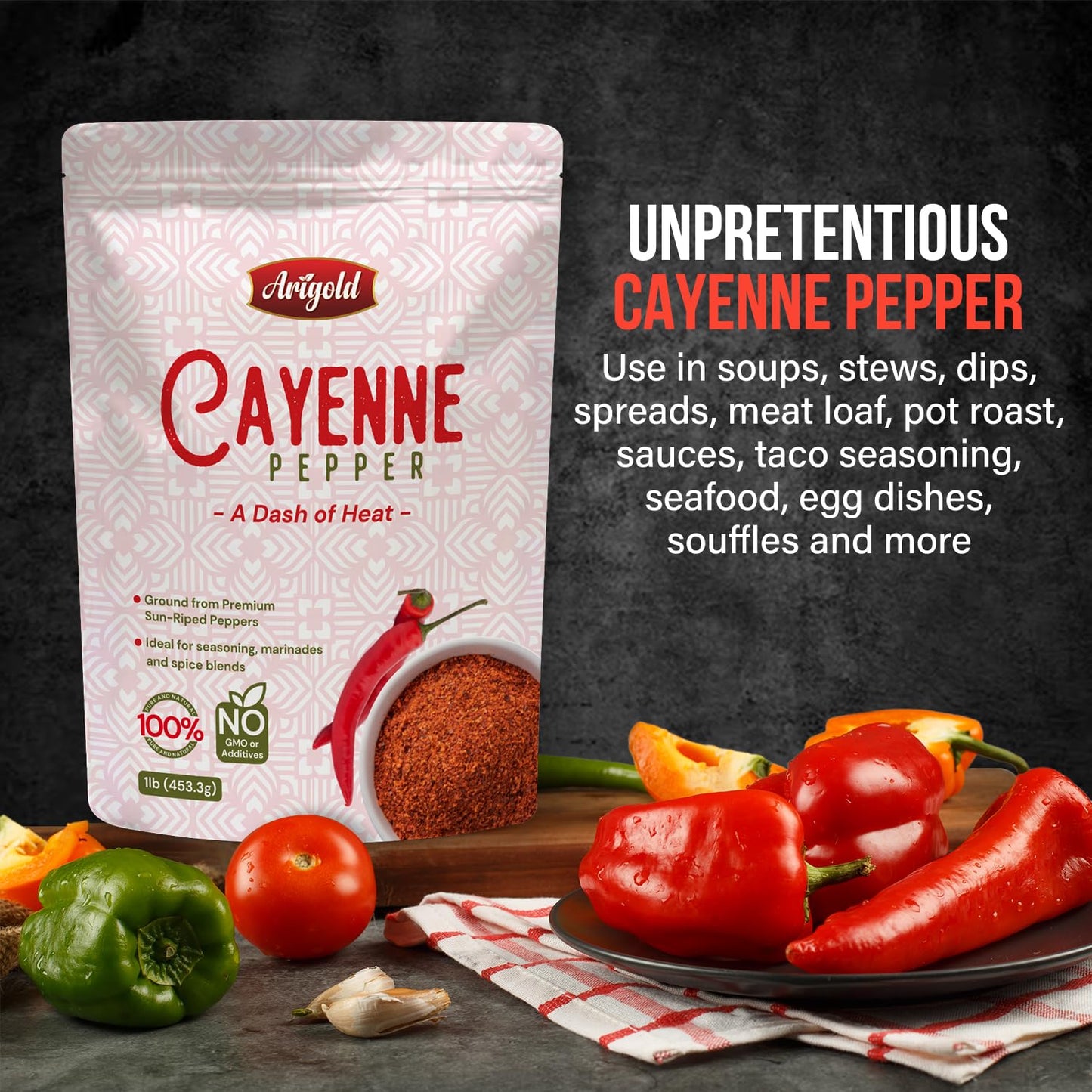 Arigold Cayenne Pepper Powder, 100% Natural, Non-GMO, Gluten-Free, 16 Ounce Resealable Bag