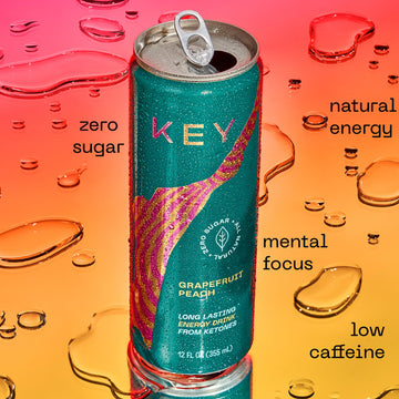 KEY Ketone Energy Drink - Sugar Free, 80mg Low Caffeine, 11.5g Ketones, G fruit Peach Flavor, 12 Pack