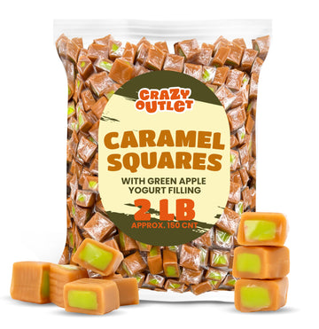 CRAZYOUTLET Caramel Cubes Candy - 2 lb Bulk Pack (150 Count) - Green Apple Filling - Individually Wrapped Treats