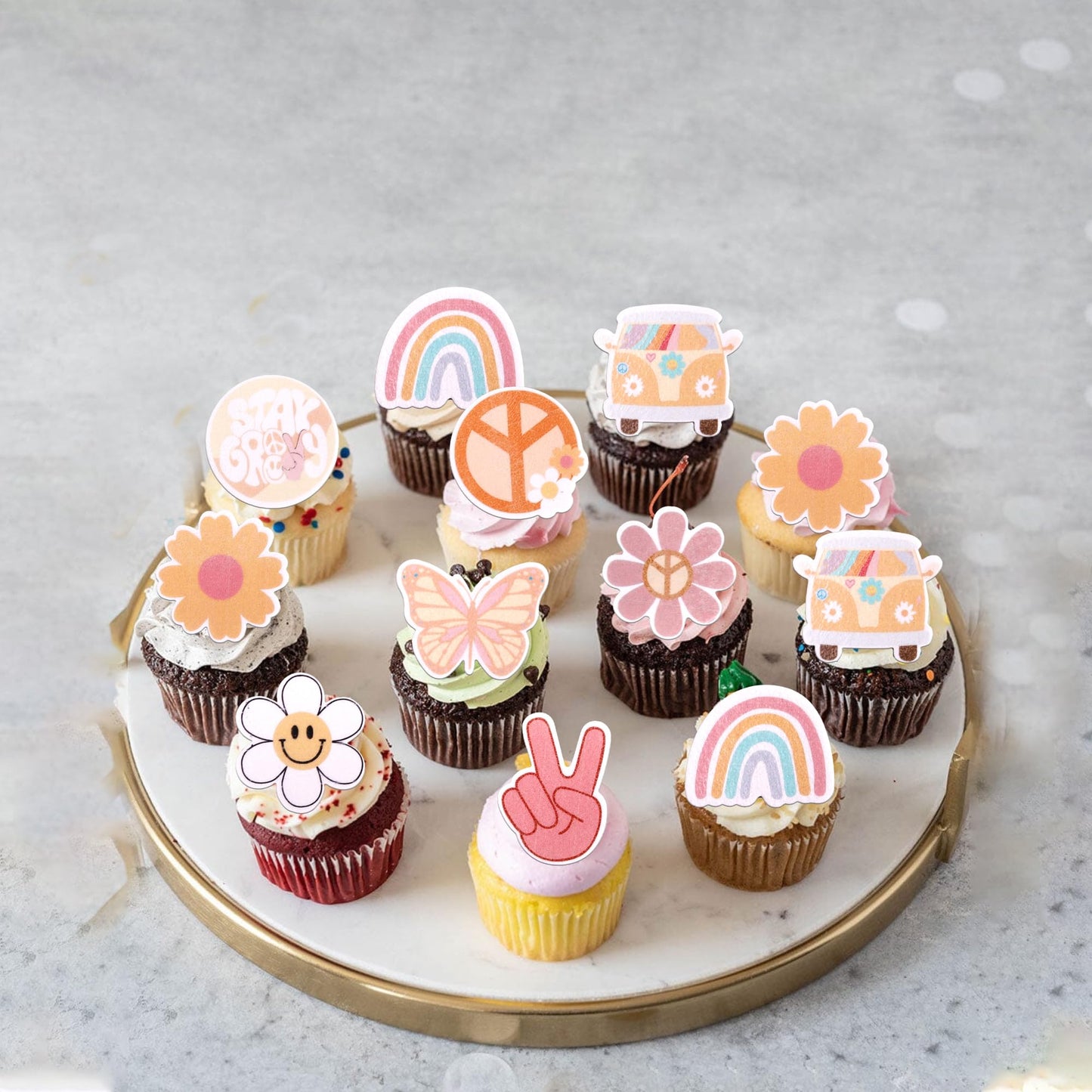 63 Pcs Edible Hippie Party Cupcake Toppers Peace Sign Hand Butterfly Two Groovy Cupcake Picks Dasiy 60S Retro Boho Cake Decorati