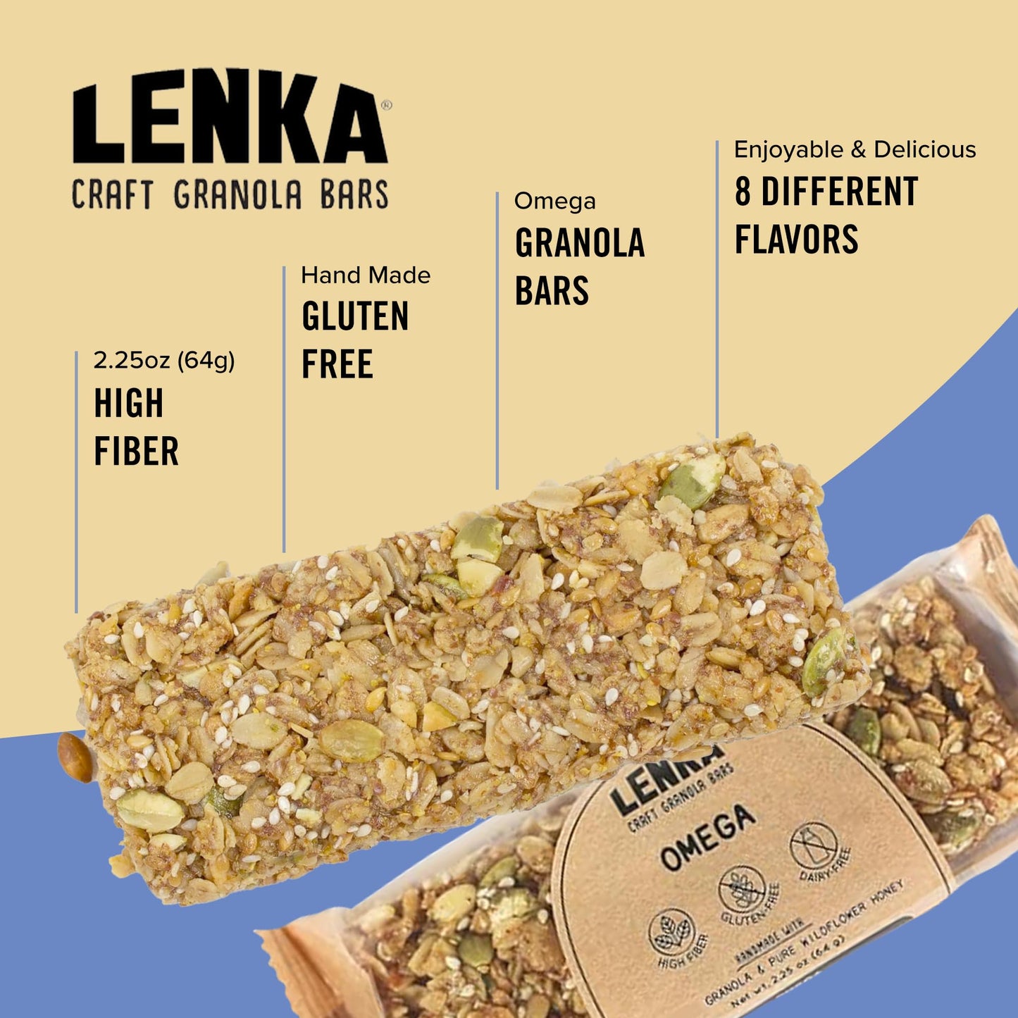 Lenka Handmade Craft Granola Bars - Omega Gluten Free High Fiber - Nutritious Snack Bar With 3000Mg Omega 3 And 7G Protein - 12