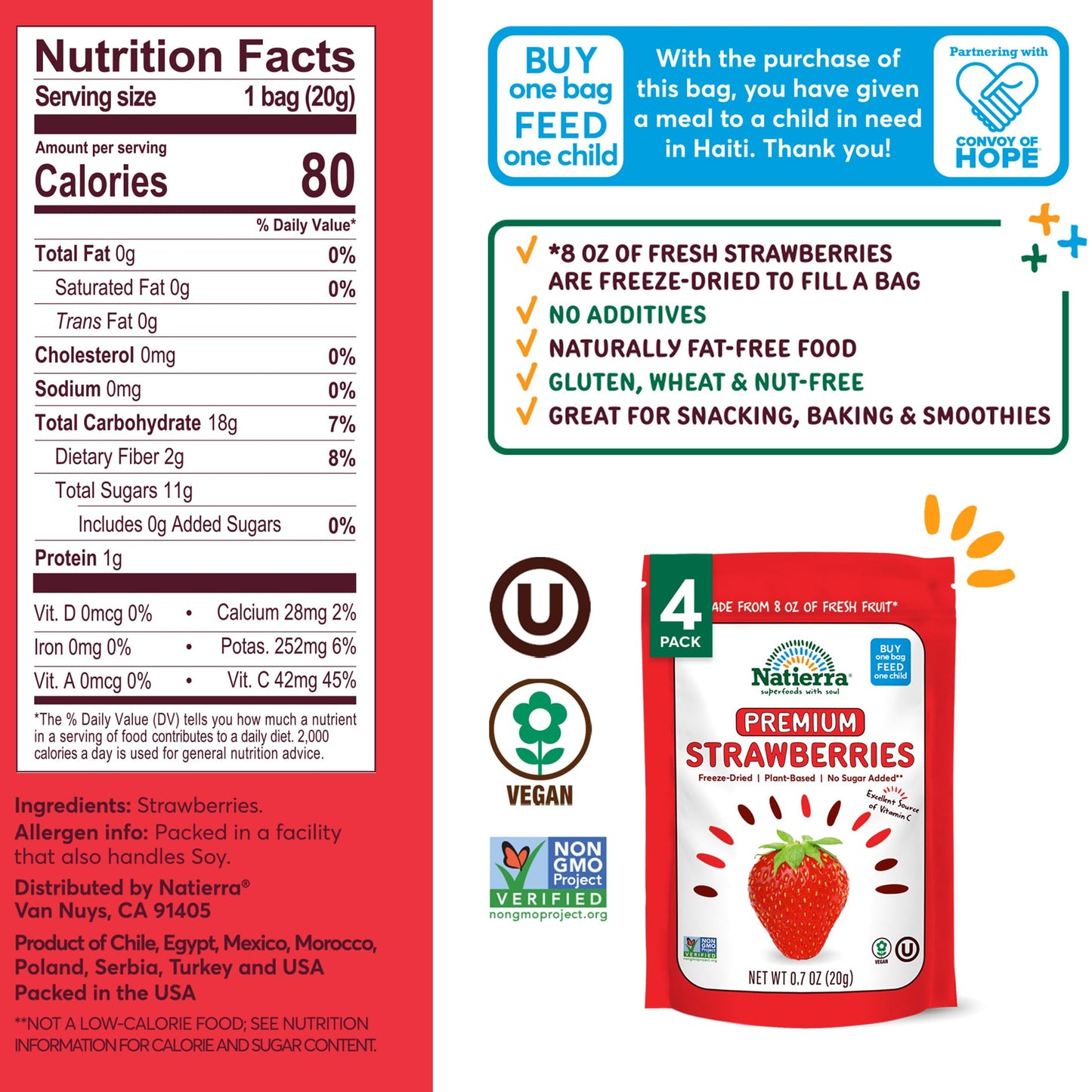 NATIERRA Premium Freeze-Dried Strawberries | Non-GMO & Vegan | 0.7 Ounce (Pack of 4)
