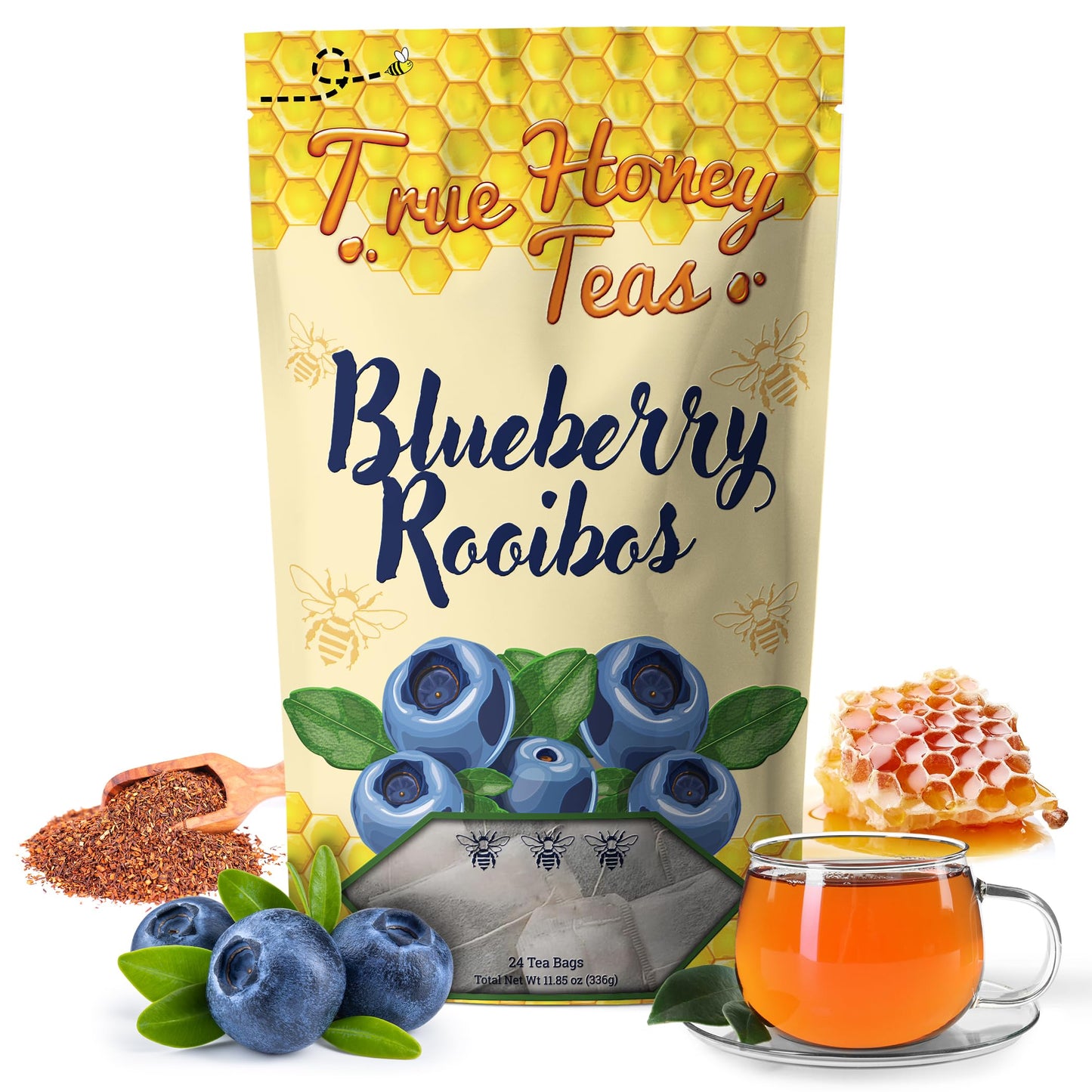 True Honey Blueberry Rooibos Tea Bags - Honey Crystals Blended In Every Sachet - Red Rooibos Tea With Dried Blueberry Juice - All Natural Organic Herbal Energy Blend Free Tea Bag 24 Count