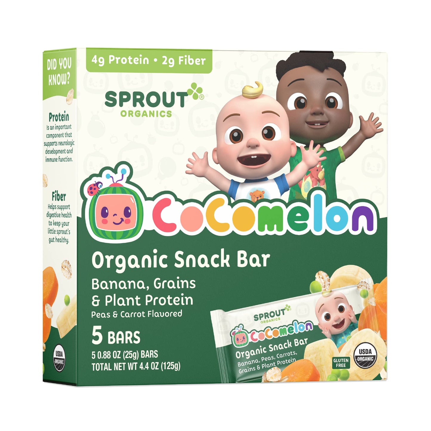 Cocomelon Sprout Organic Baby Food, Toddler Snacks, Bananas, Peas And Carrots Snack Bar (6 Pack)