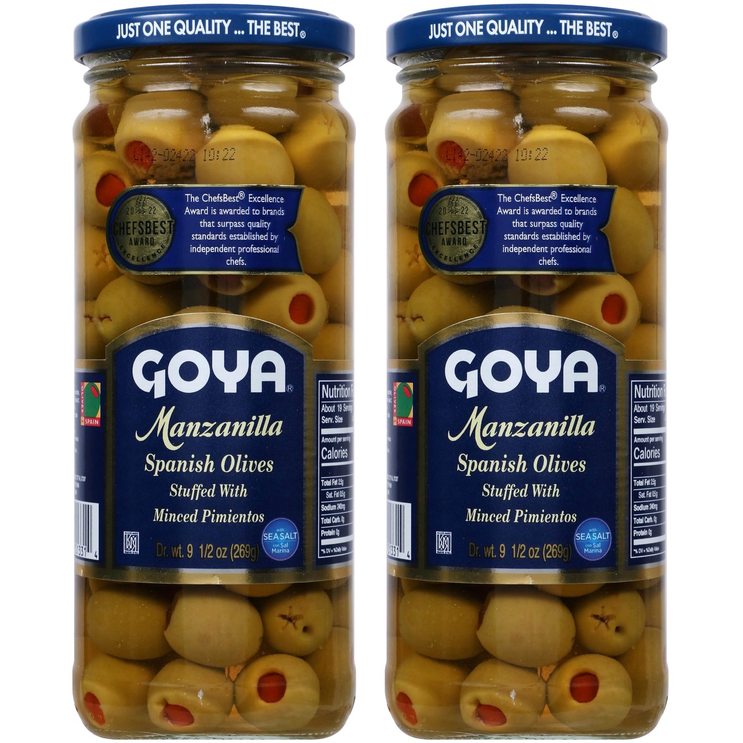 GOYA Manzanilla Spanish Olives Stuffed with Minced Pimientos, 9.5 Ounce (Pack of 2)
