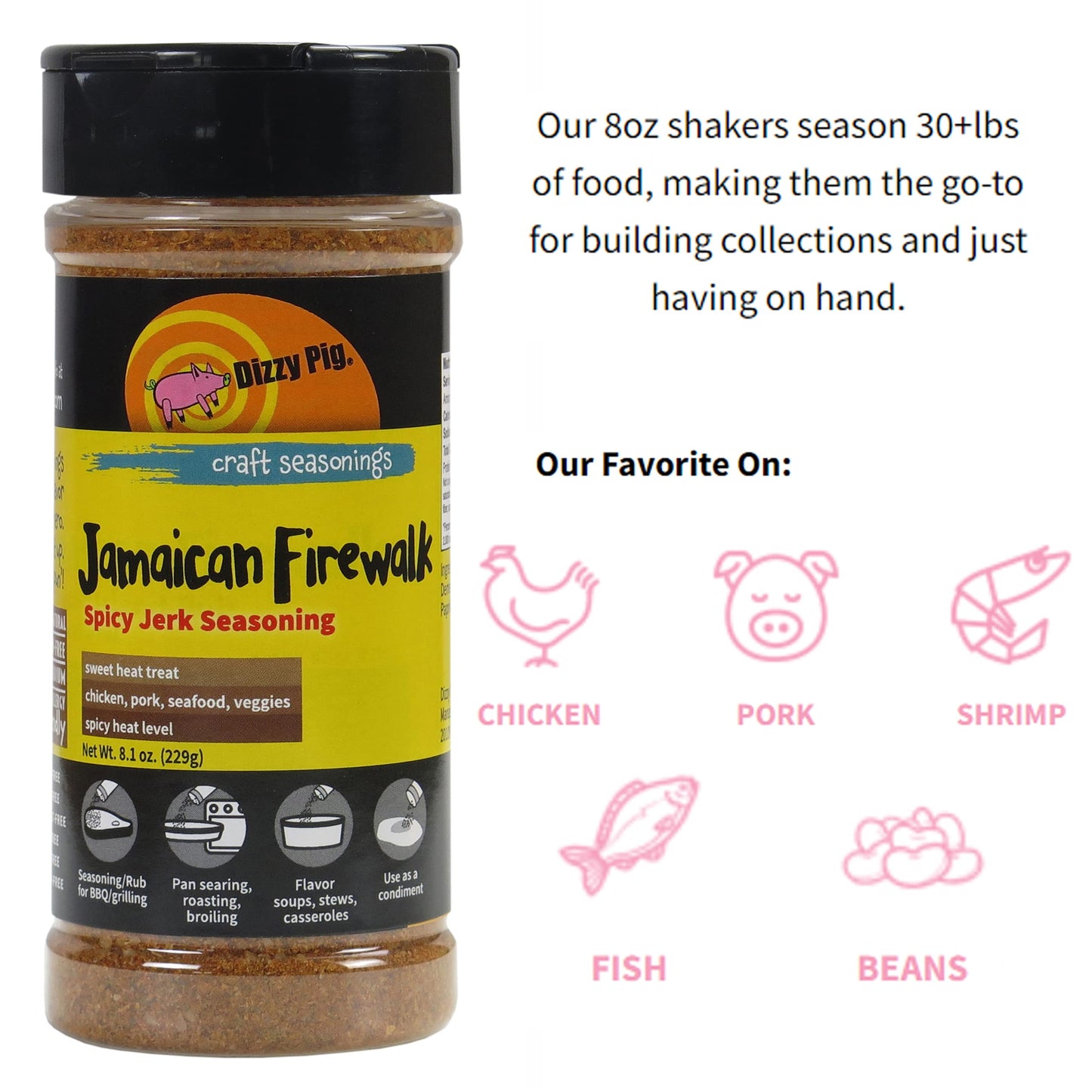 Dizzy Pig Jamaican Firewalk Spicy Jerk Seasoning Rub (8Oz Shaker) - Seasons 30+Lbs Of Food - Hand Made In The Usa - Msg Free, Gl