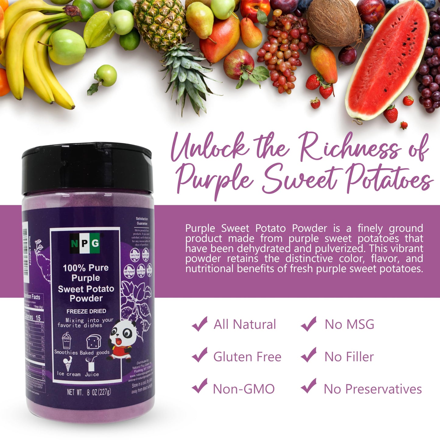 Npg 100% Pure Purple Sweet Potato Powder(Purple Yam Ube) 8 Ounces, All Natural Purple Dry Food Coloring Powder For Baking, Smoothies, Pasta, Tortillas, Vegan Gluten Free Non-Gmo
